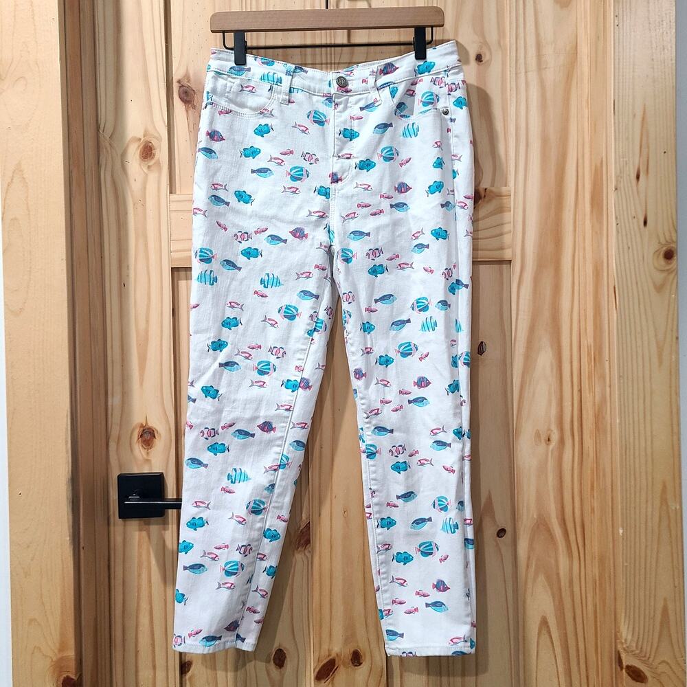 Talbots White Cropped Pants with Teal & Pink Fish Print